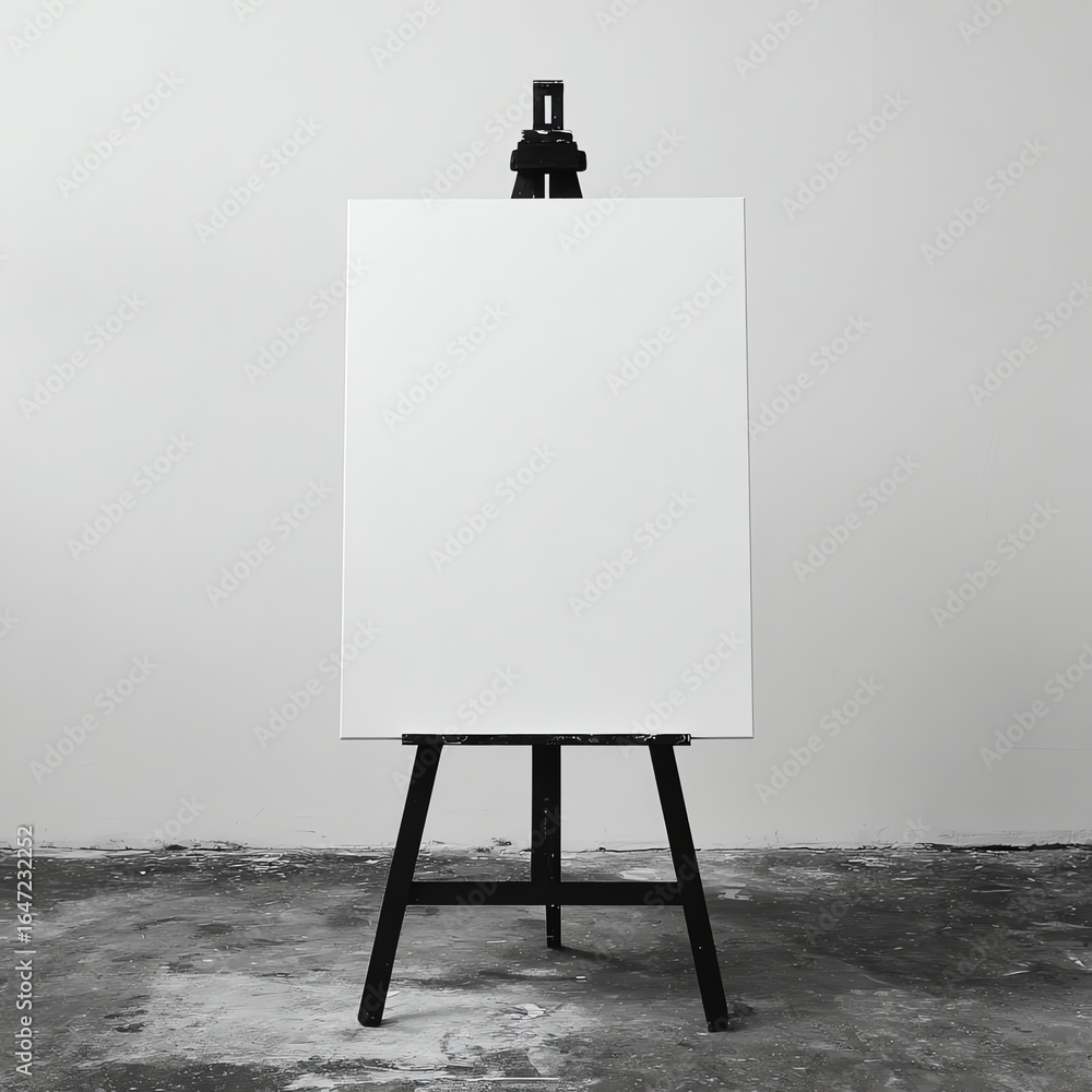 Poster blank canvas on easel in minimalist setting for art presentation