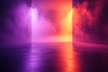 Vibrant Futuristic Room with Colorful Light and Fog futuristic fog colorful vibrant abstract background neon light empty room smoke reflective floor glowing violet purple pink orange red gradient beam