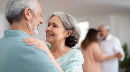 Fototapeta premium Elderly couple dancing together at home, smiling and enjoying the moment, symbolizing love, connection, and joyful aging.