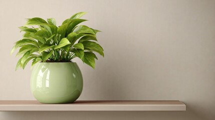 highly detailed image of a fresh green indoor plant in a glossy pot, placed on a wooden shelf against a neutral wall background