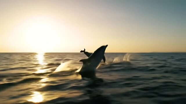Silhouette of a playful dolphin breaching the ocean surface, with the golden sun setting on the horizon creating a serene and wild spectacle.