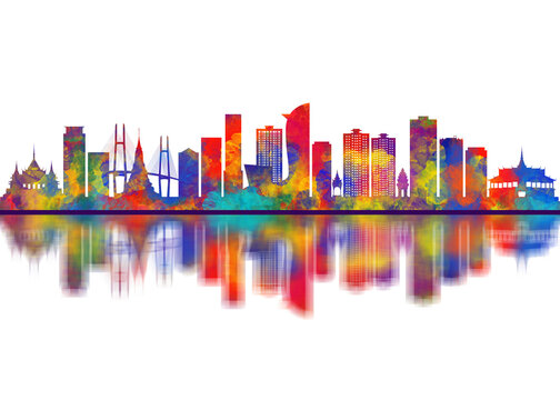 Phnom Penh Cambodia Skyline. Cityscape Skyscraper Buildings Landscape City Downtown Art