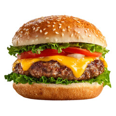 Classic cheeseburger with lettuce and tomato. Isolated white background. Png format