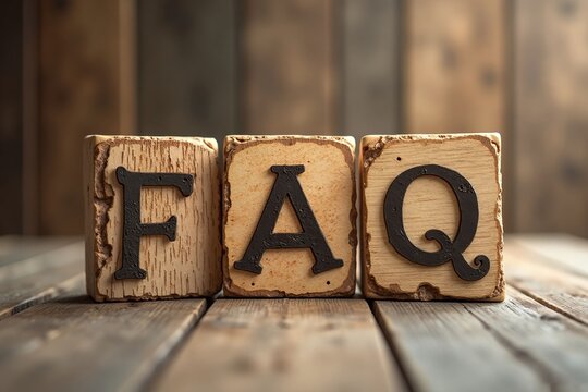 Three wooden blocks spelling the letters f a q on a rustic wooden surface and a wooden background