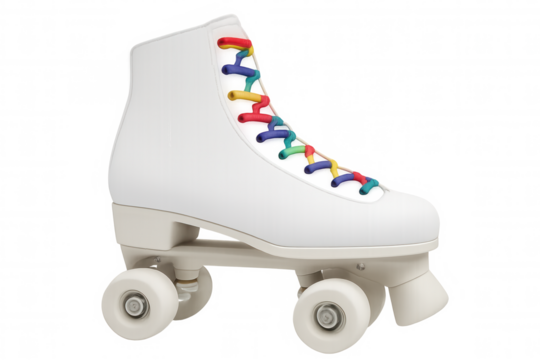 Classic roller skate featuring white boot, colorful laces, and transparent background, representing leisure, fun, and outdoor activity