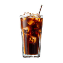 Cold brew coffee in tall glass with straw. Isolated white background. Png format