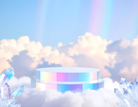Dreamy Holographic Podium on Soft Clouds with Sparkling Crystals and Ethereal Light Rays, Perfect for Product Presentation and Conceptual Displays