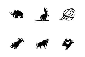 Animal Icon Set with Mammoth, Kangaroo, Bird