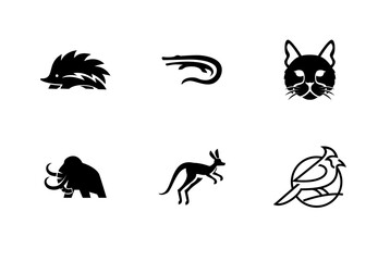 Vector Icons of Hedgehog, Crocodile, Cat, Mammoth, Kangaroo, and Bird