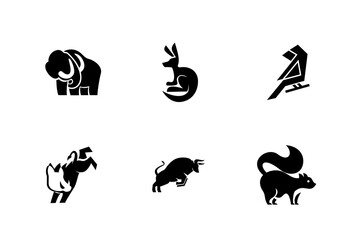 Black Animal Icons Set: Mammoth, Kangaroo, Parrot, Horse, Bull, Squirrel