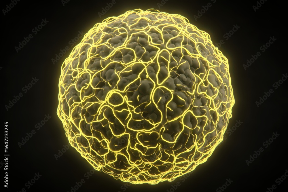 Poster glowing yellow sphere made up of interconnected neural pathways, resembling a ball of neurons. the i