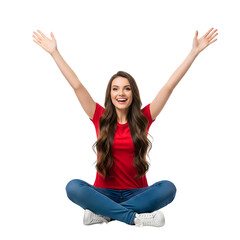 Happy woman sitting cross legged with arms raised high, celebrating success isolated on transparent background