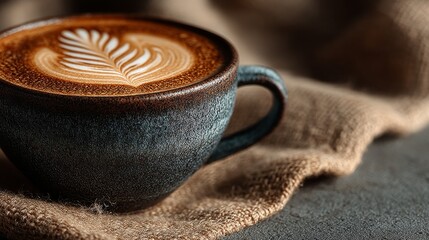 Closeup of a steaming cup of latte coffee with intricate art on top, presented on a rustic burlap cloth