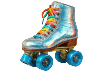 Classic roller skate featuring silver boot, rainbow laces, and blue wheels, isolated on transparent background, perfect for retro or sports-themed projects