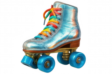 Classic roller skate featuring silver boot, rainbow laces, and blue wheels, isolated on transparent background, perfect for retro or sports-themed projects