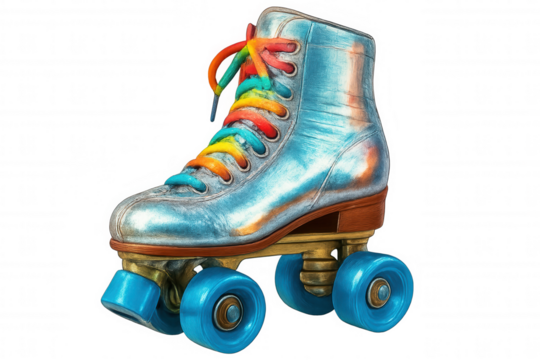 Classic roller skate featuring silver boot, rainbow laces, and blue wheels, isolated on transparent background, perfect for retro or sports-themed projects