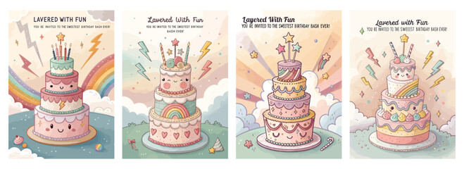 Whimsical multi-tiered birthday cakes with colorful designs and playful elements, perfect for a celebration.