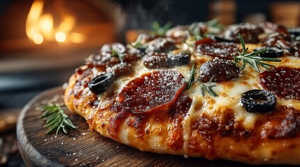 Delicious pepperoni and olive pizza with melted cheese and fresh rosemary, served hot from the oven on a wooden board