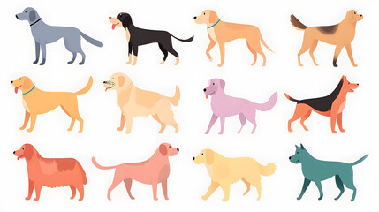 Obraz premium Flat style illustration of various dog breeds in playful poses. Colorful and cute design for pet-themed content and children’s products.