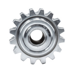 Factory gear cog in metallic silver. Isolated white background. Png format