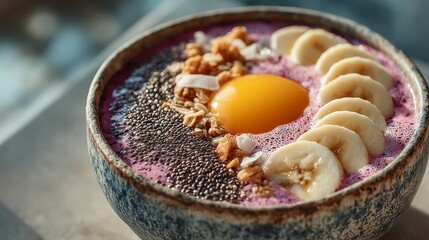 Closeup of a vibrant smoothie bowl topped with sliced bananas, chia seeds, granola, and a bright yellow egg yolk, showcasing a healthy and delicious breakfast