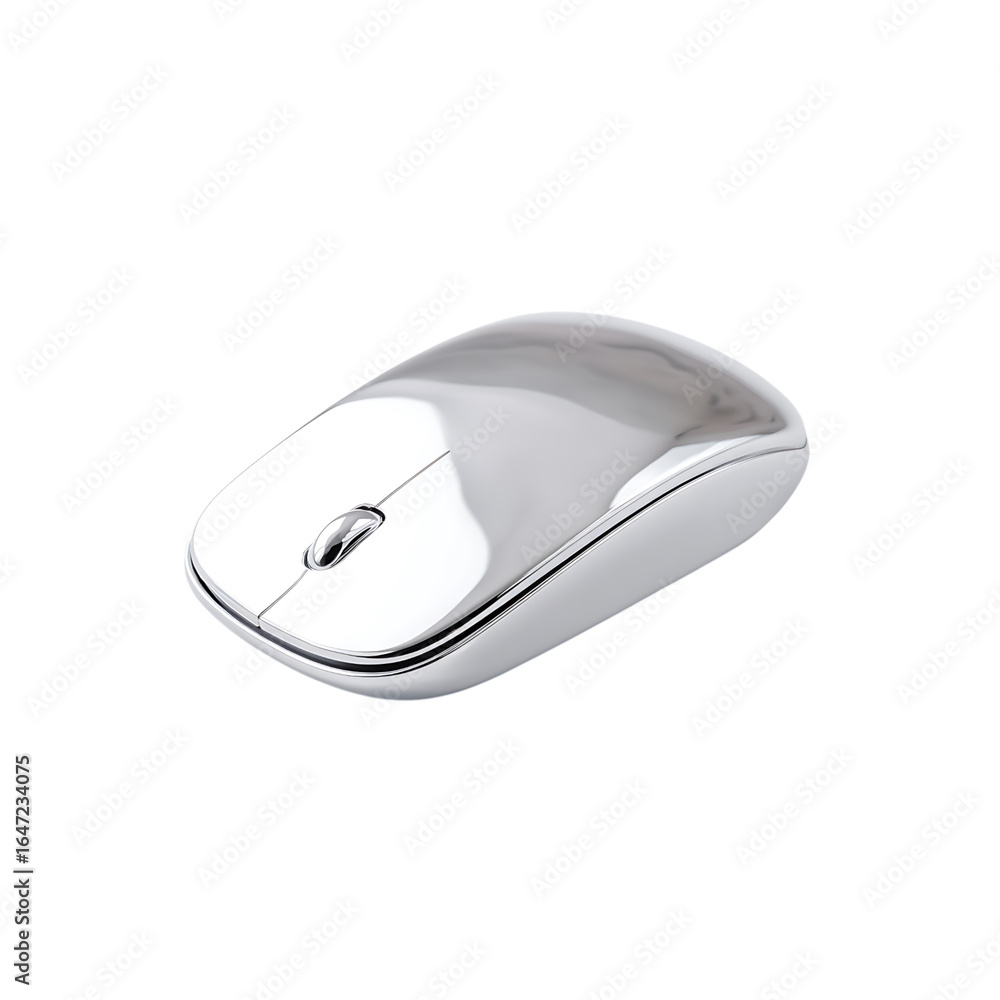 Poster sleek, modern wireless computer mouse with a polished chrome finish, perfect for a professional tech
