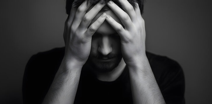 Man in dark holding head with both hands. Emotional weight, despair, and mental fatigue conveyed in dramatic black tones.