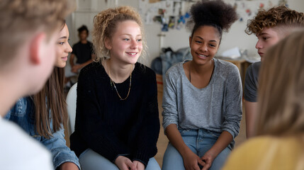 Teen peer support group in casual setting. Concept image on mental health, safe space, social interaction, and emotional expression among youth.