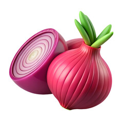 3d icon of a whole red onion and a half onion isolated on transparent background