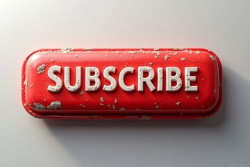 A worn red button with the word subscribe in white letters against a plain white background surface
