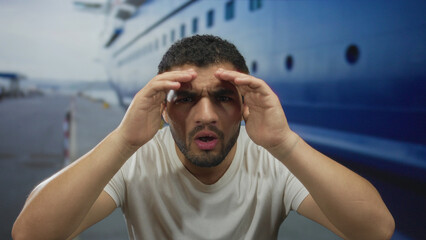 Man tilts head, furrows brow and shows open palm gesture at massive blue cruise ship in port;...
