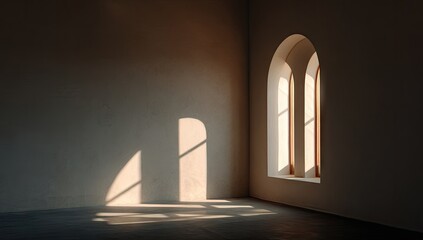 Empty room with arched window, sunlit shadows