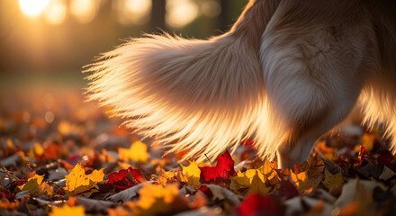 Dog's Tail Wagging in Autumn Leaves at Sunset