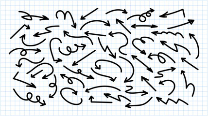 Set of lines hand drawn black arrows. Simple arrows icons. Arrow curved, doodle, zigzag samples collection. Flat directional arrow cursor thin lines in black color on wide blue grid background.