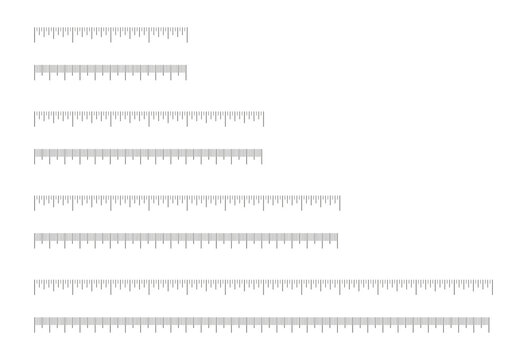 Inch, metric rulers set. Measuring tool templates. Scale samples for ruler in centimeters, inches. Inches, centimeters measuring printable scales. Measuring scales icons. Metrics indicator in cm, inch