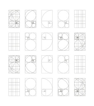 Big set of Golden ratio template. Fibonacci array, numbers form. Method golden section simple samples. Harmony proportions flat black frames. Outline graphic thin printable illustration. Golden Spiral