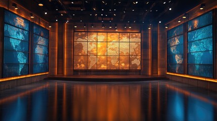 High-Tech News Stage Featuring a Luminous World Map and Contrasting Color Reflections.