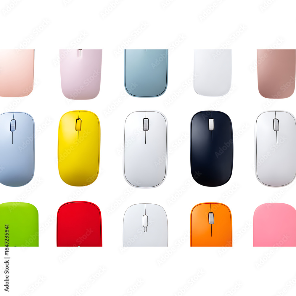 Poster vibrant collection of colorful modern computer mice arranged in a grid, showcasing technology and de