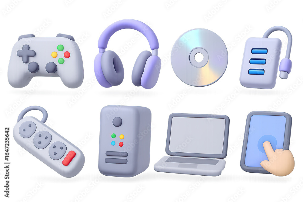 Poster 3d style gaming and tech icons collection on dark gradient background