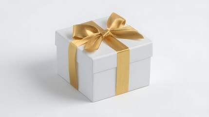 Obraz premium White square gift box with golden ribbon on soft white background. Perfect for holiday branding, birthday visuals or celebration themes.