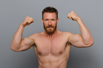 Muscular man flexing shirtless. Sports modeling image focused on strength, masculinity and fitness.