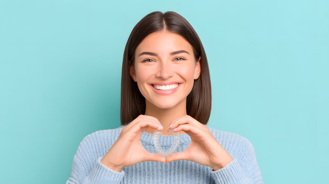 Smiling Woman Showing Clear Aligners Heart Shape
