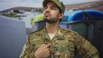 Young man points finger to dog tag on military uniform in street next to large recycling bins;...