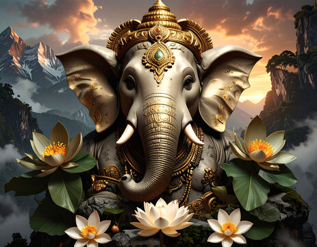Majestic Lord Ganesha Stone Sculpture with Lotus Flowers in Cinematic Mountain Landscape