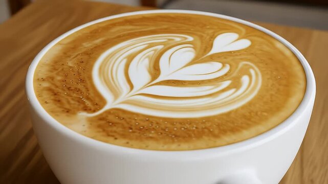A close-up view of a freshly poured latte in a white ceramic cup, featuring a beautiful rosetta and heart latte art design on top.