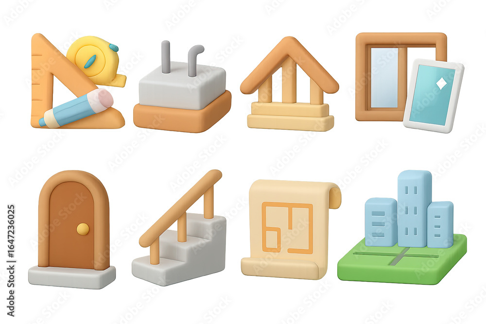 Poster Digital construction icons set in 3d style for architecture and design