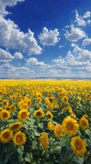 Obraz premium Sunflower field under blue sky with clouds scenic landscape summer nature photography background images stock photo