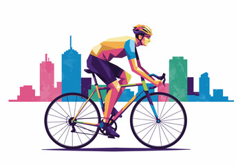 Colorful Cyclist Riding Bike in Cityscape Illustration