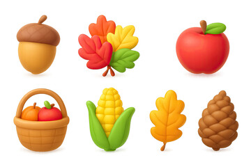 3d autumn harvest elements: acorn, leaves, apple, basket, corn, pinecone