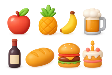 3d cartoon style food and drink icons featuring fruits, bread, burger, cake, wine, and beer
